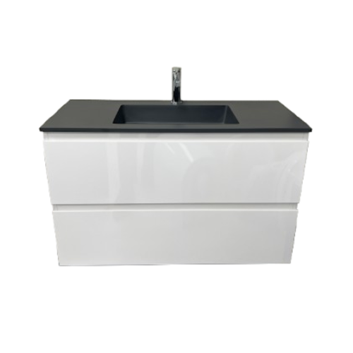 Badmeubel Ithaca 90cm Wit Hoogglans met Composiet wastafel Zwart RAL9005